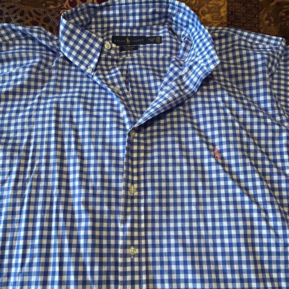 Light blue and white plaid button up shirt, long sleeve